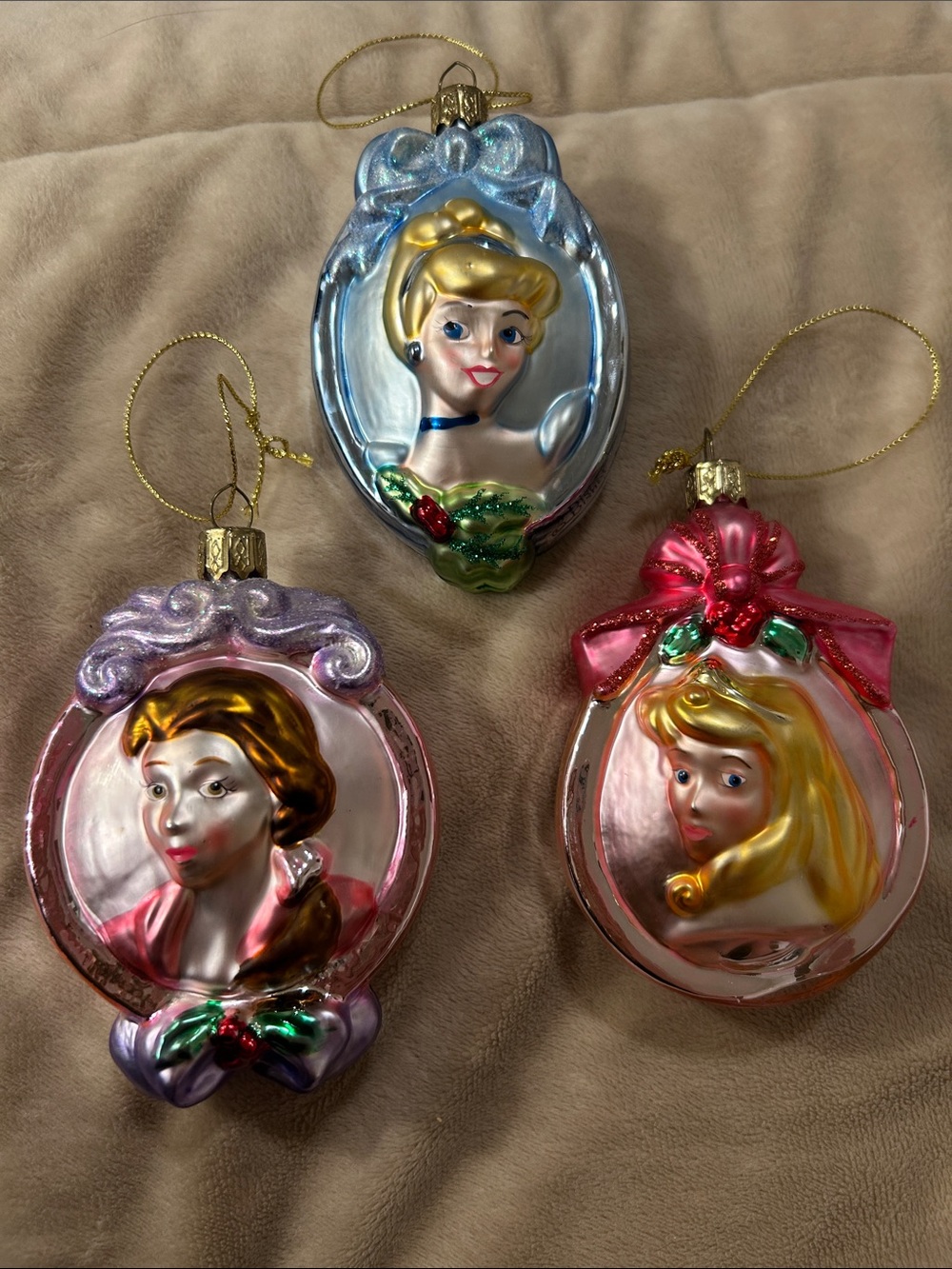 Vintage Disney Glass Blown Princess Christmas Ornament Set - Pink, Blue, Purple